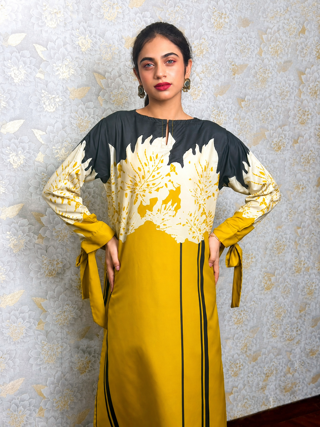 Mustard Black Floral Printed 2 Piece Suit