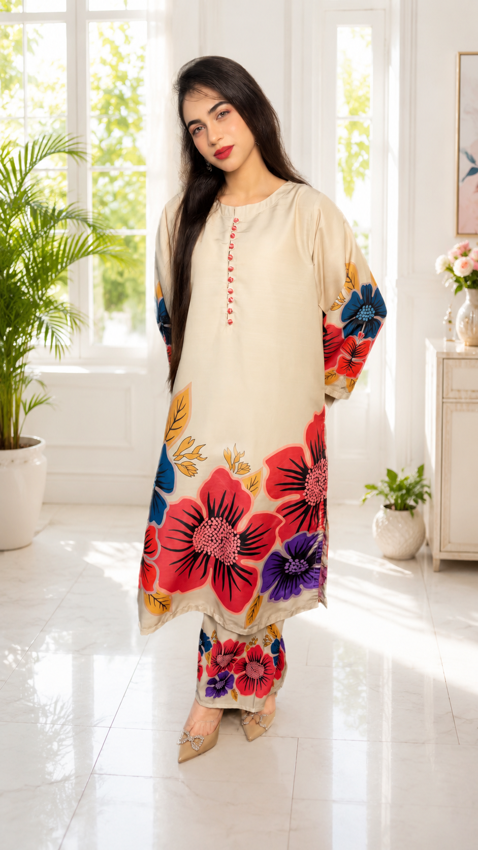 Floral Printed Co-Ord Set – Beige