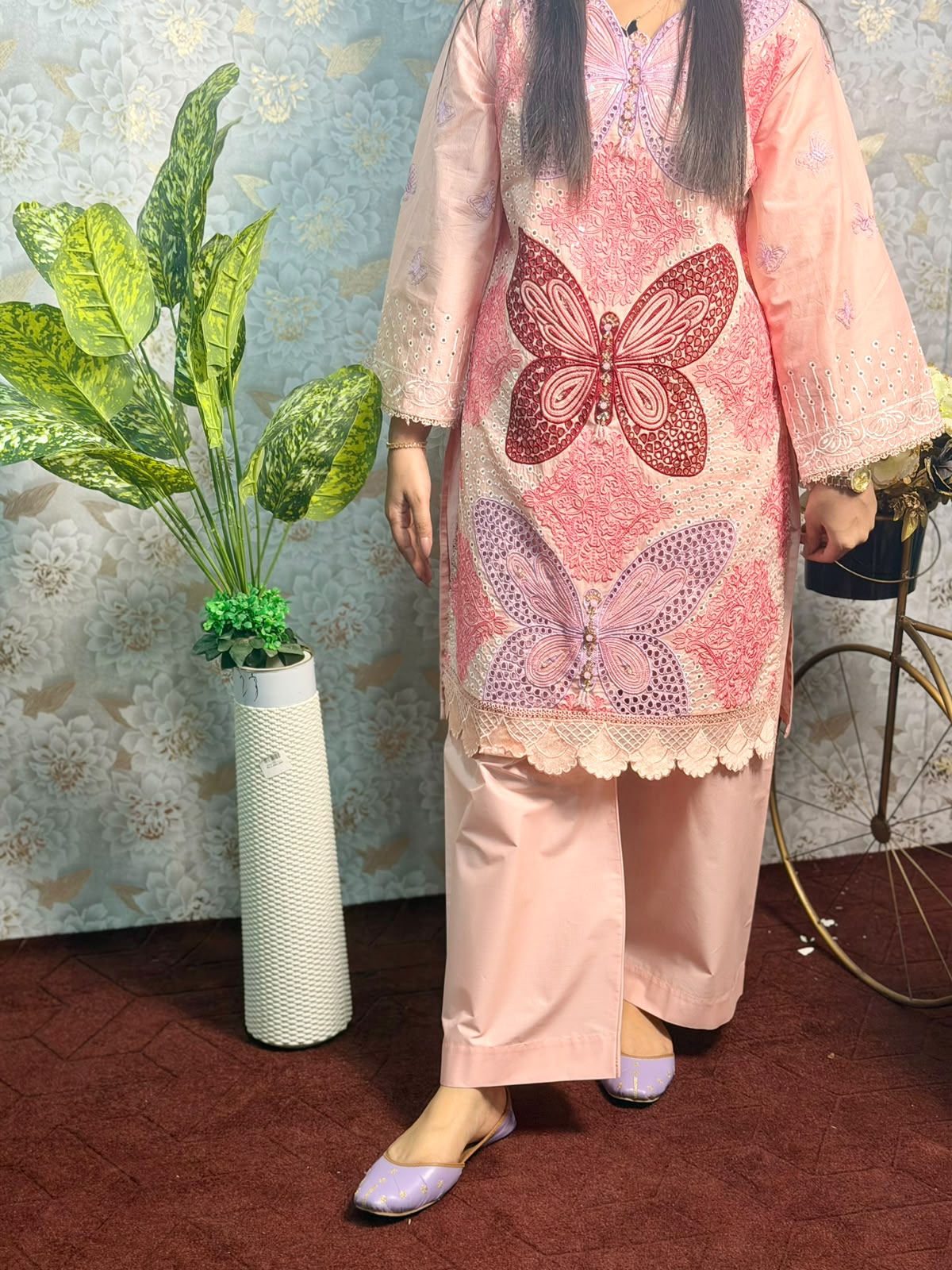 Peach Butterfly Embroidered 3 Piece Suit