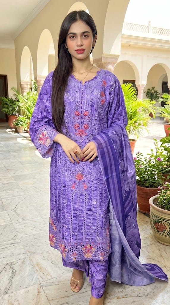 Lavender Purple Embroidered Winter 3-Piece Suit
