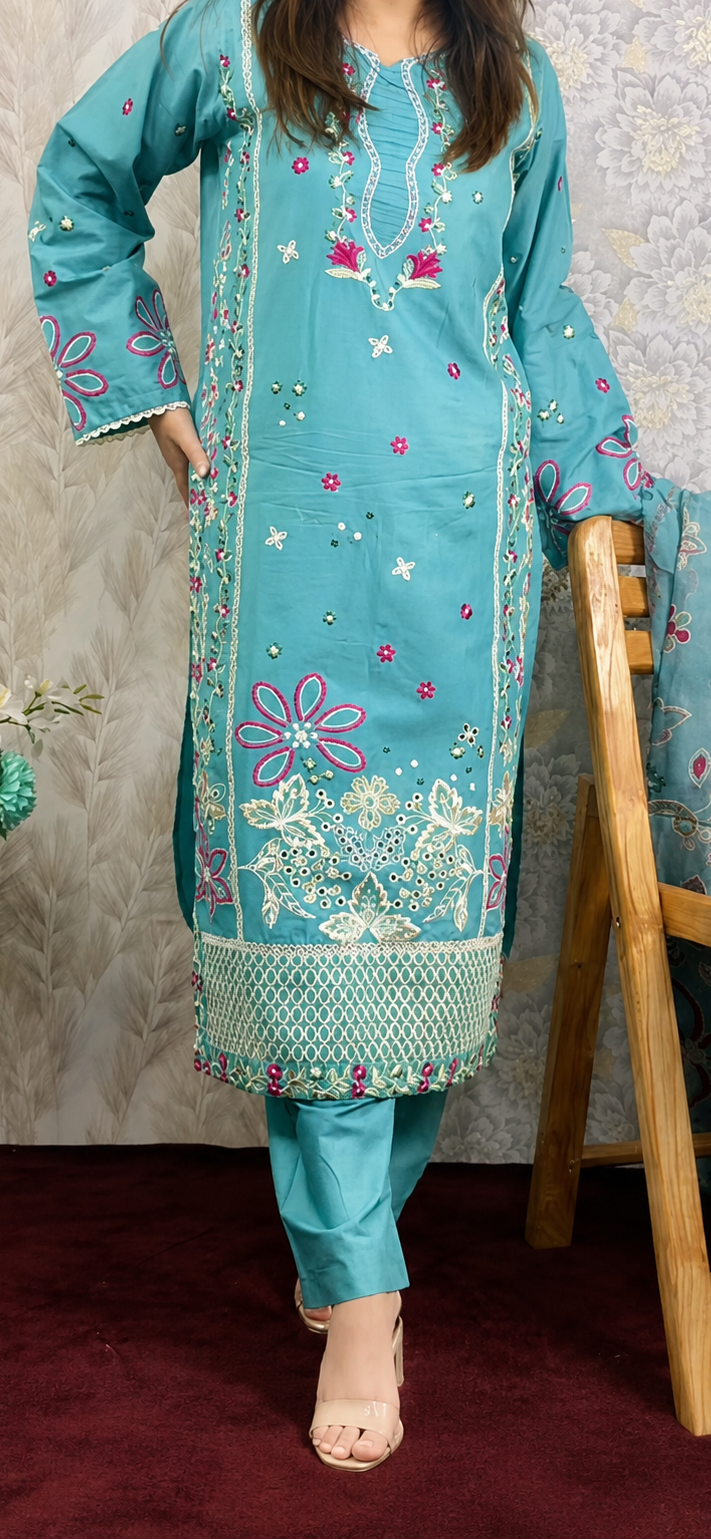 Turquoise Floral Embroidered 3 Piece Suit