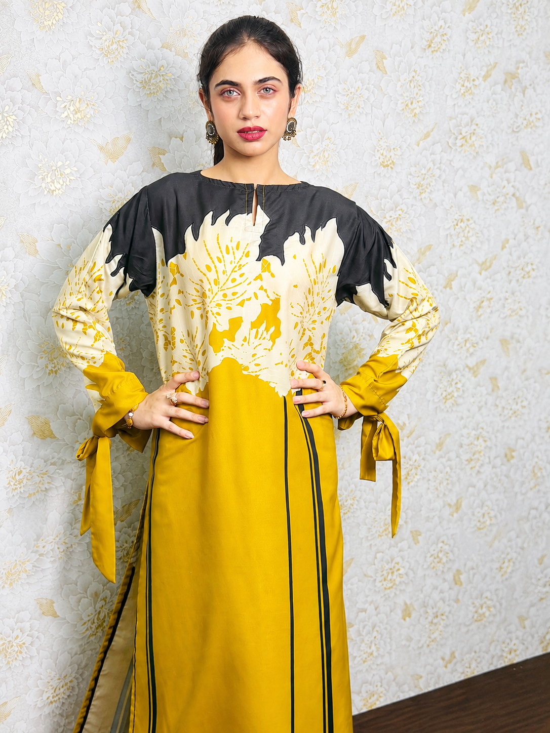 Mustard Black Floral Printed 2 Piece Suit