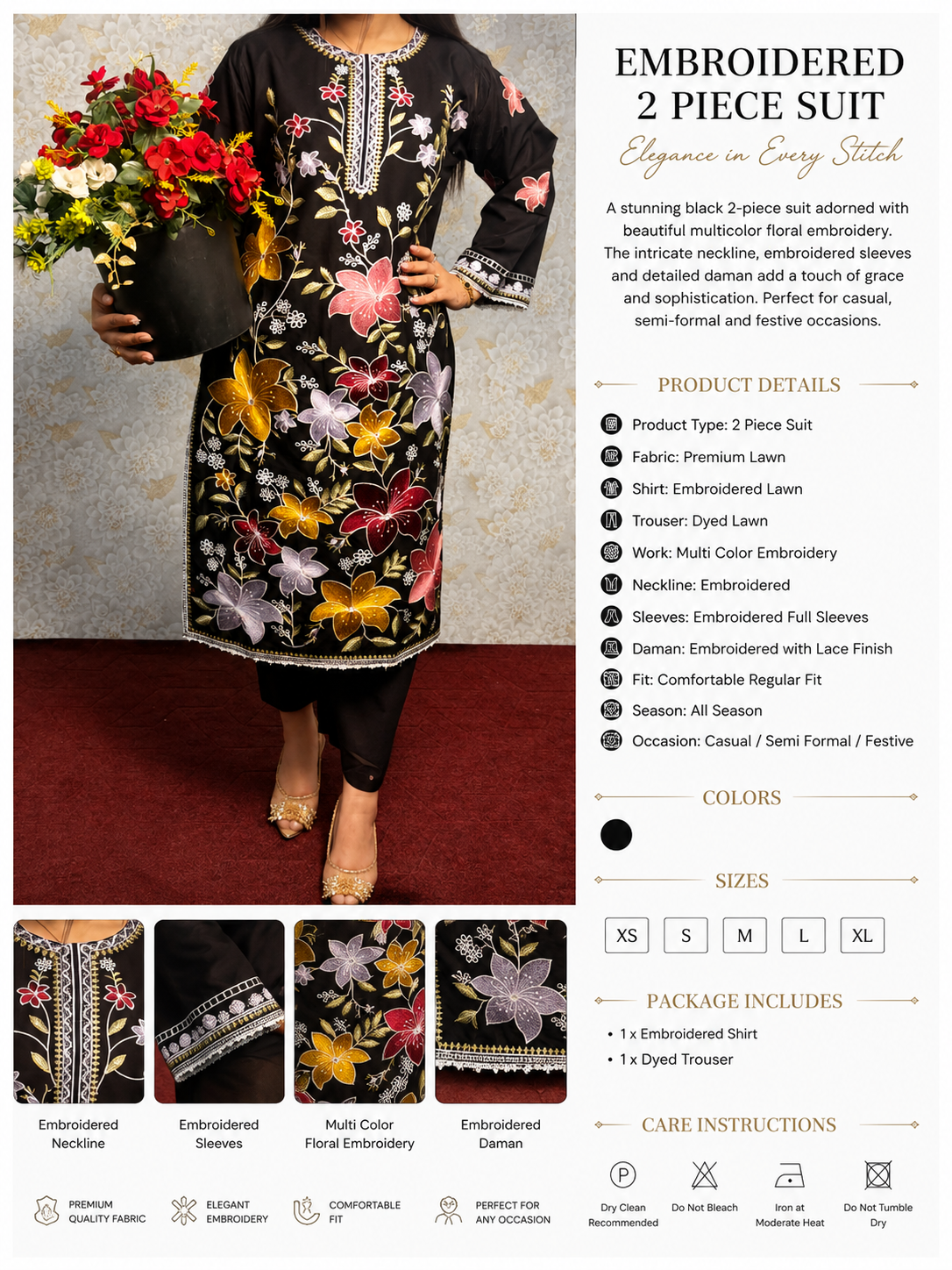 Black Multicolor Floral Embroidered 2 Piece Suit
