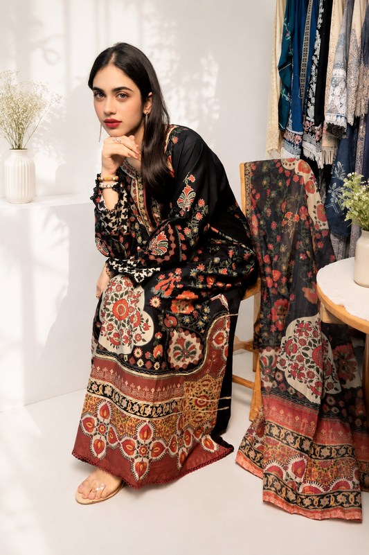 Midnight Floral Printed 3 Piece Winter Suit