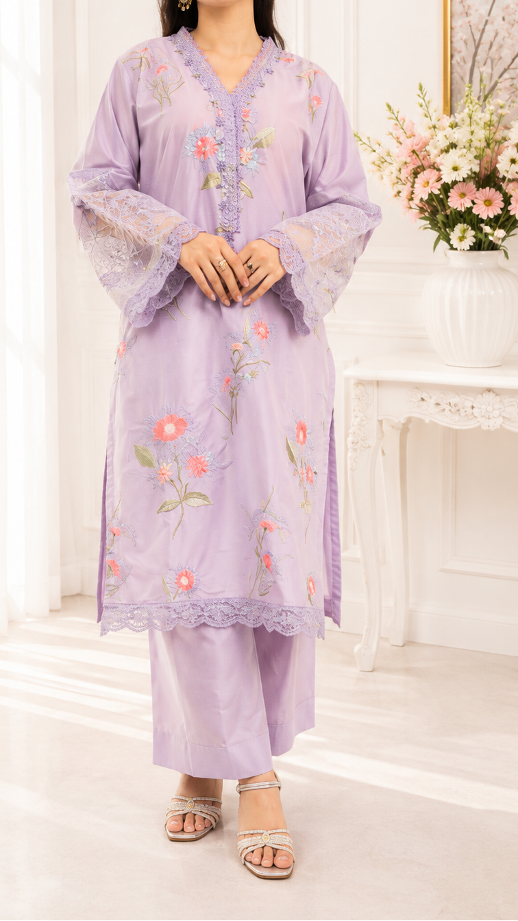 Lavender Bloom Embroidered 3 Piece Suit | YASRAF CLOTHING