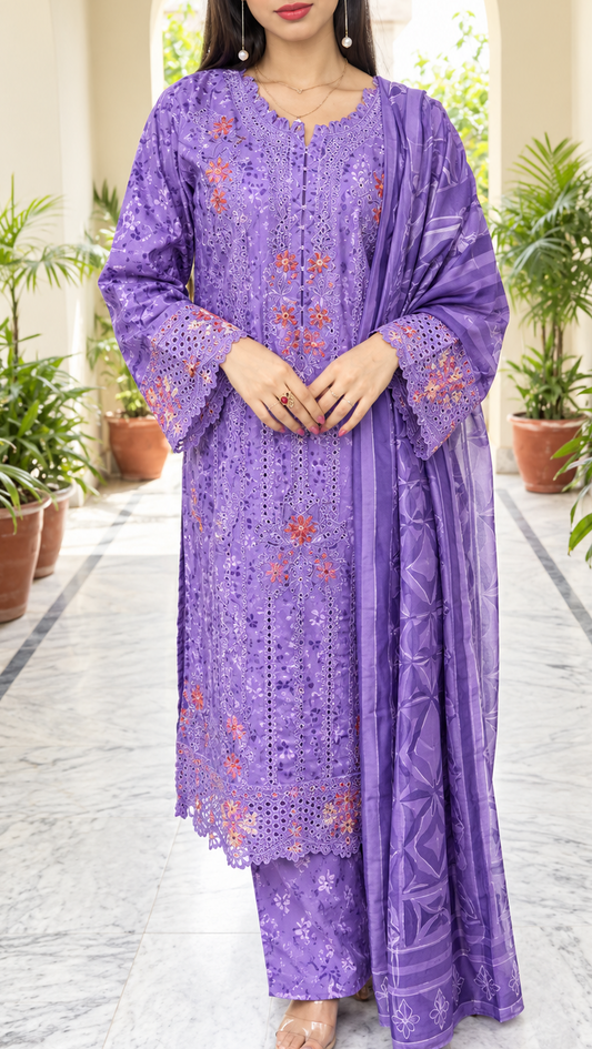 Lavender Purple Embroidered Winter 3-Piece Suit