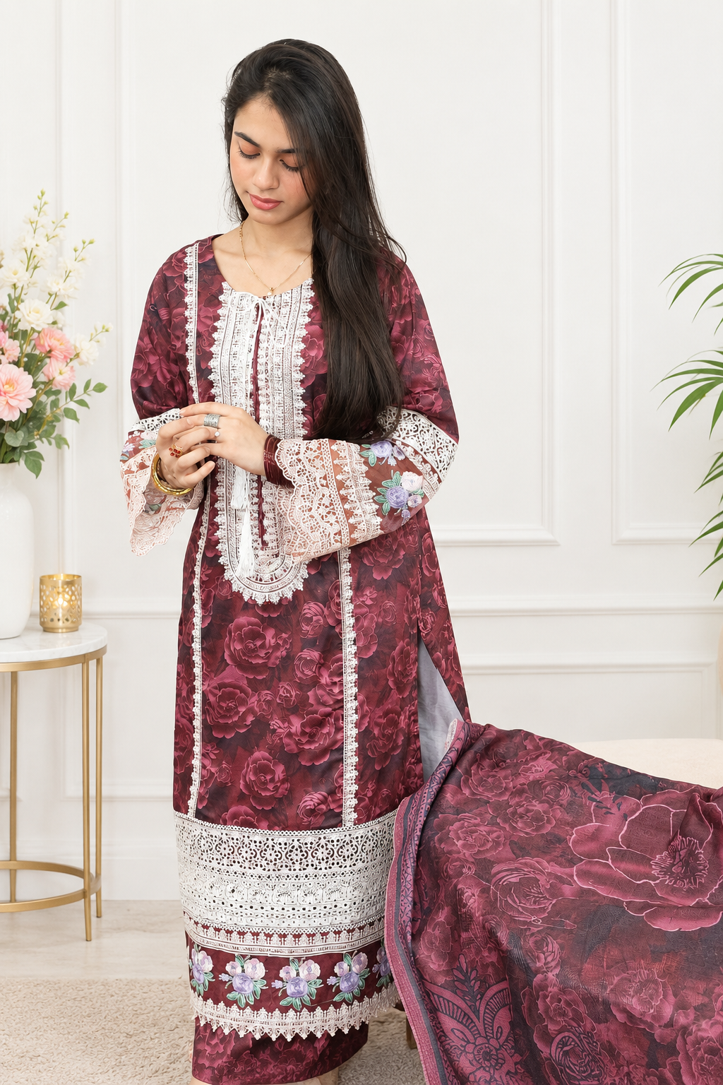 Maroon Floral Embroidered Winter 3-Piece Suit