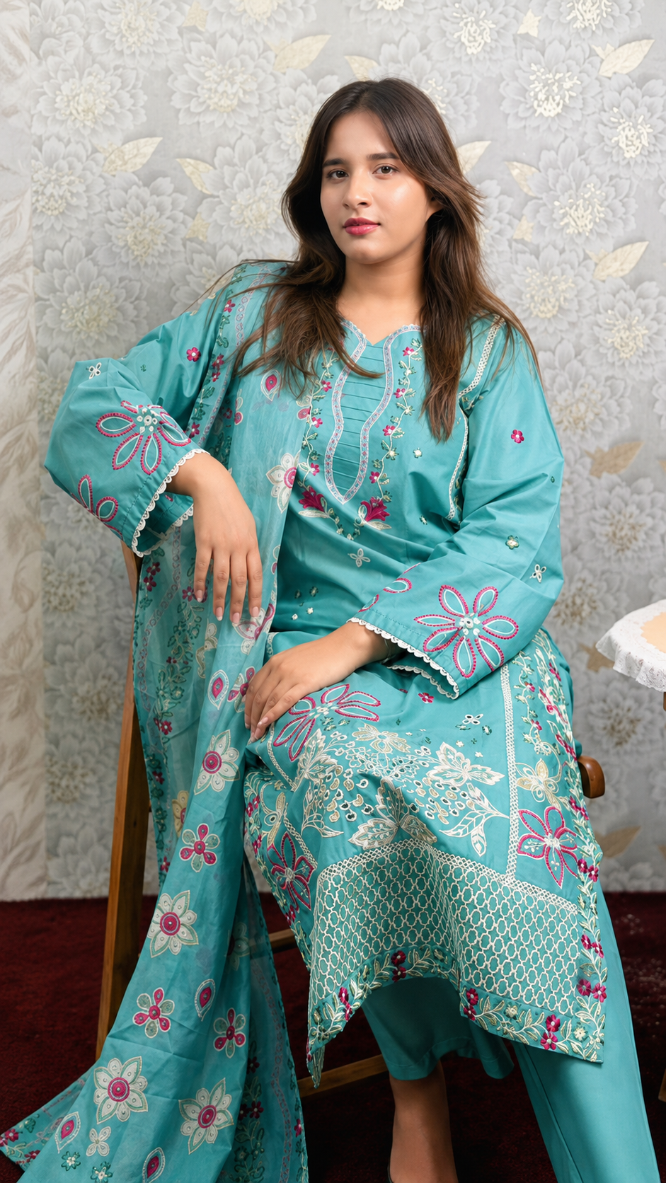 Turquoise Floral Embroidered 3 Piece Suit