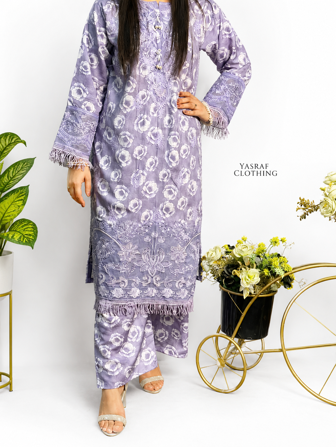 Lavender Floral Embroidered 2 Piece Suit
