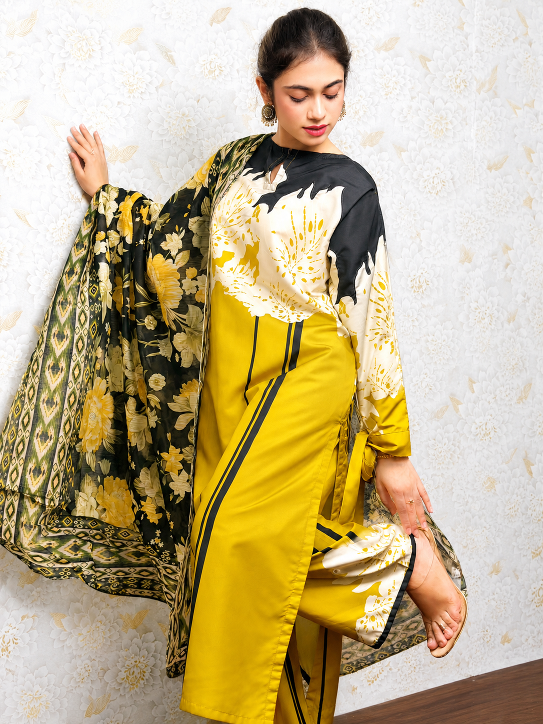 Mustard Black Floral Printed 2 Piece Suit
