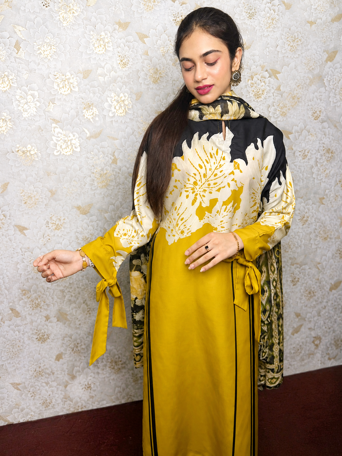 Mustard Black Floral Printed 2 Piece Suit