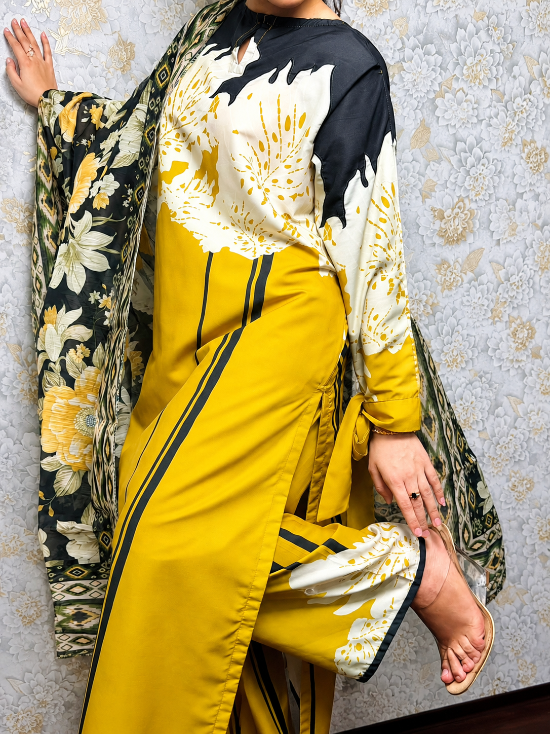 Mustard Black Floral Printed 2 Piece Suit