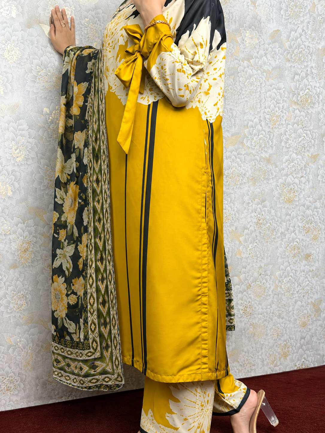 Mustard Black Floral Printed 2 Piece Suit