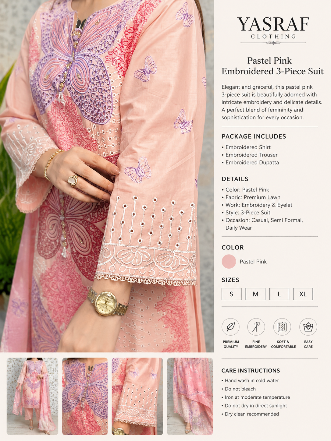 Peach Butterfly Embroidered 3 Piece Suit