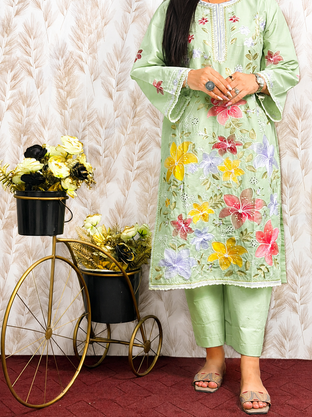 Mint Green Floral Embroidered 3 Piece Suit