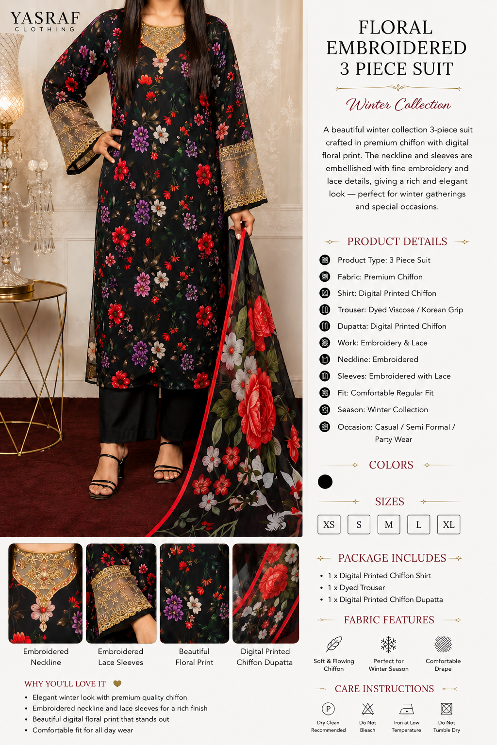 Black Floral  Embroidered 3 Piece Suit – Winter Collection