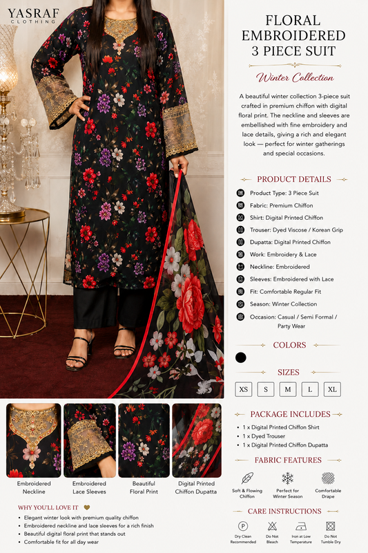 Black Floral  Embroidered 3 Piece Suit – Winter Collection