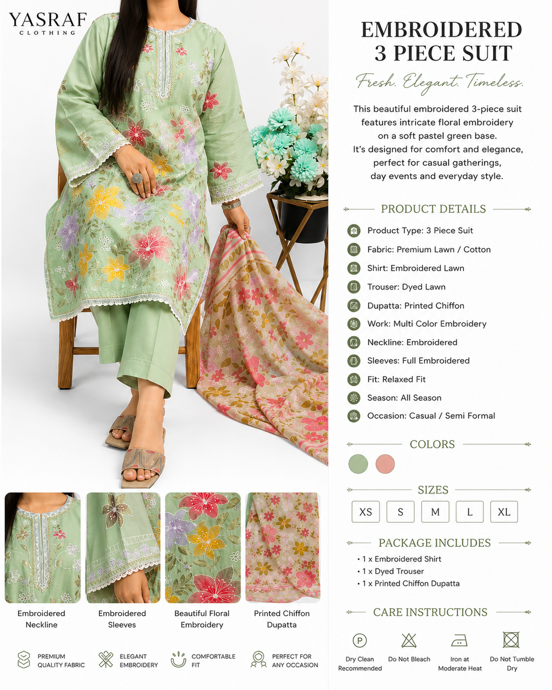 Mint Green Floral Embroidered 3 Piece Suit