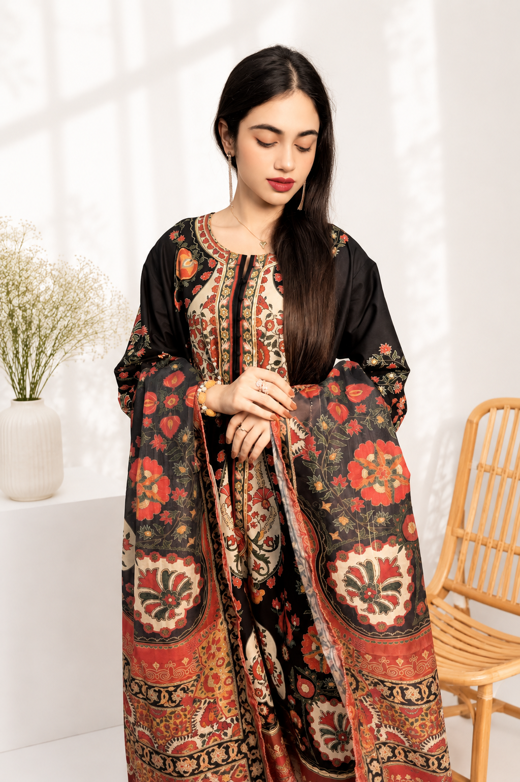 Midnight Floral Printed 3 Piece Winter Suit