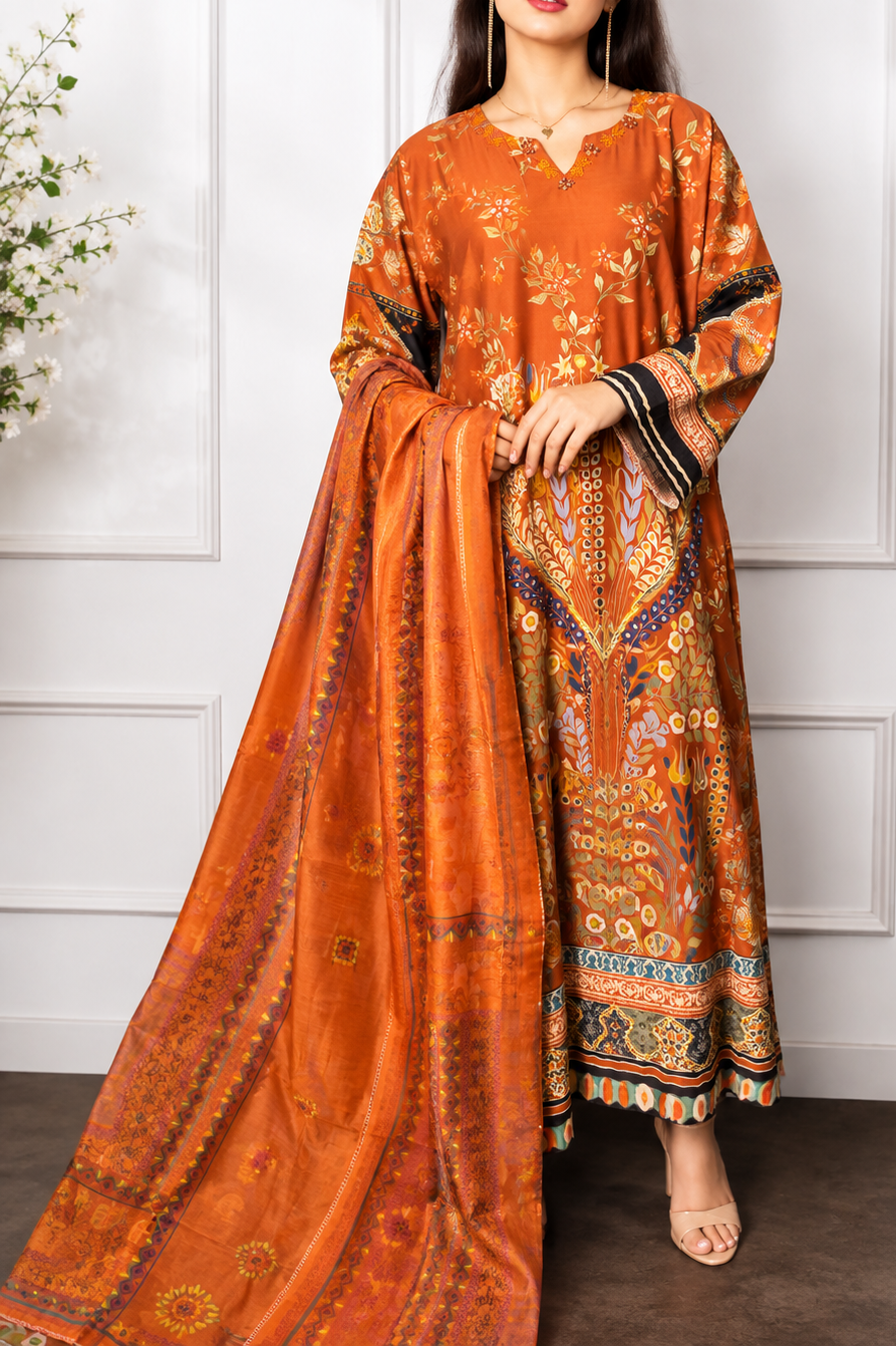 Autumn Rust Printed 3 Piece DRESS