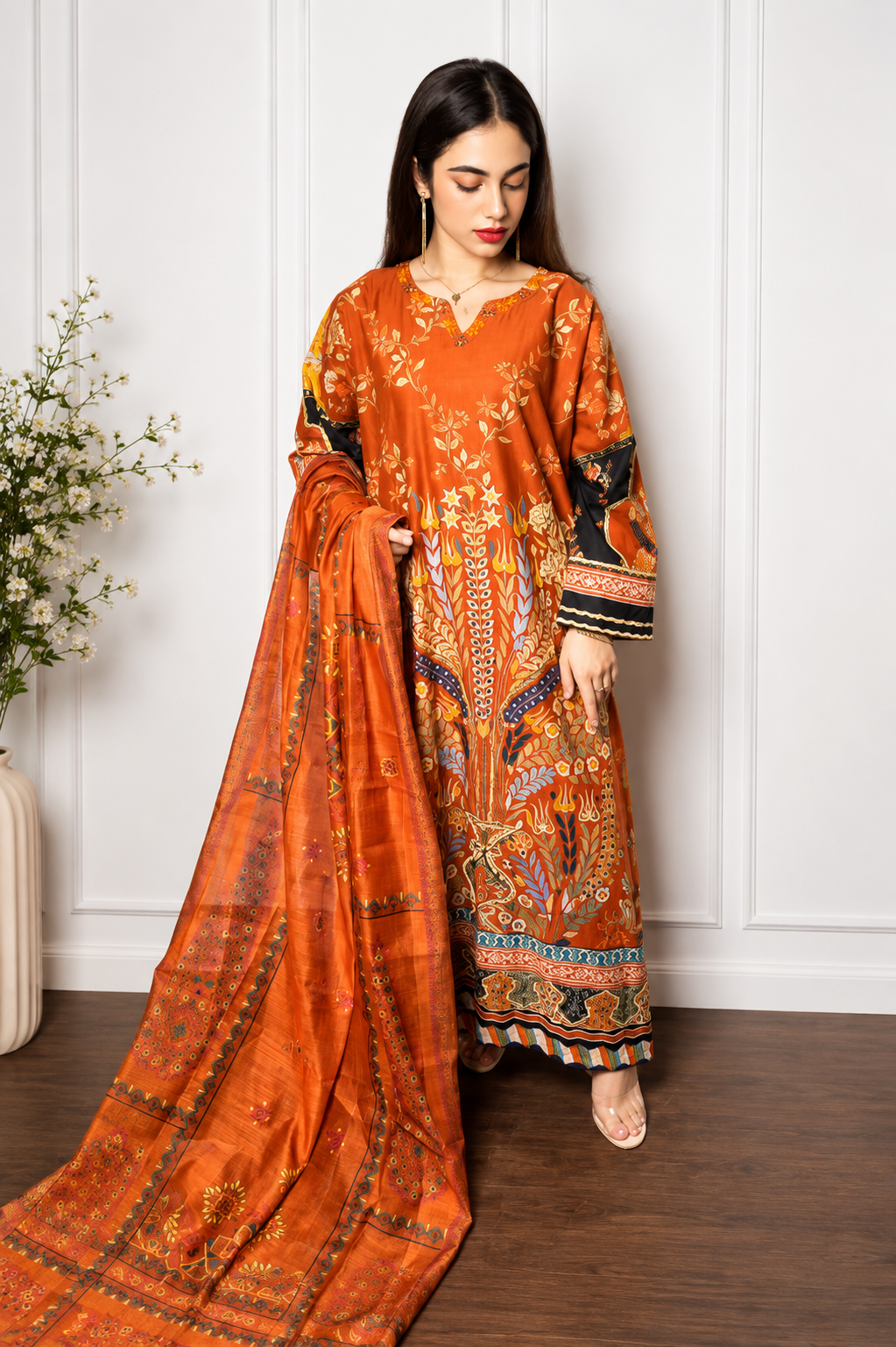Autumn Rust Printed 3 Piece DRESS