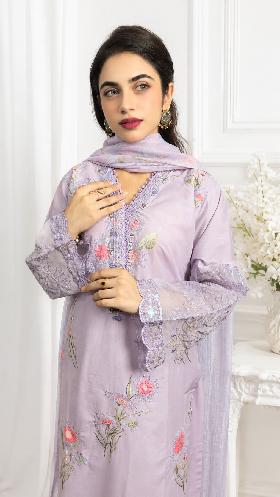 Lavender Bloom Embroidered 3 Piece Suit | YASRAF CLOTHING