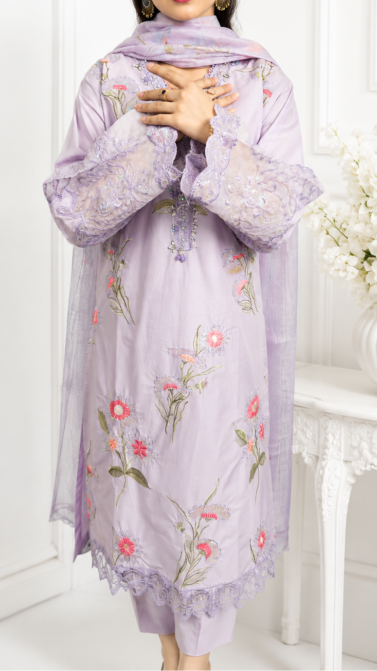 Lavender Bloom Embroidered 3 Piece Suit | YASRAF CLOTHING