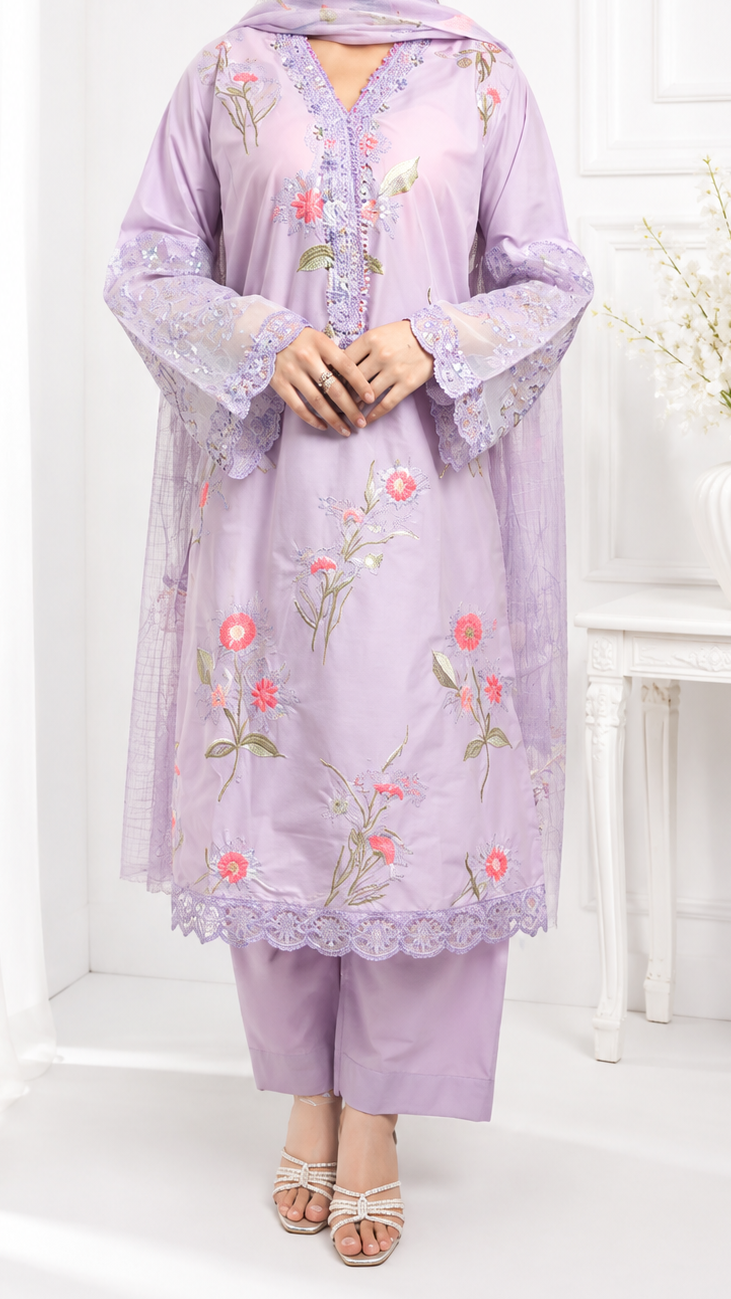 Lavender Bloom Embroidered 3 Piece Suit | YASRAF CLOTHING