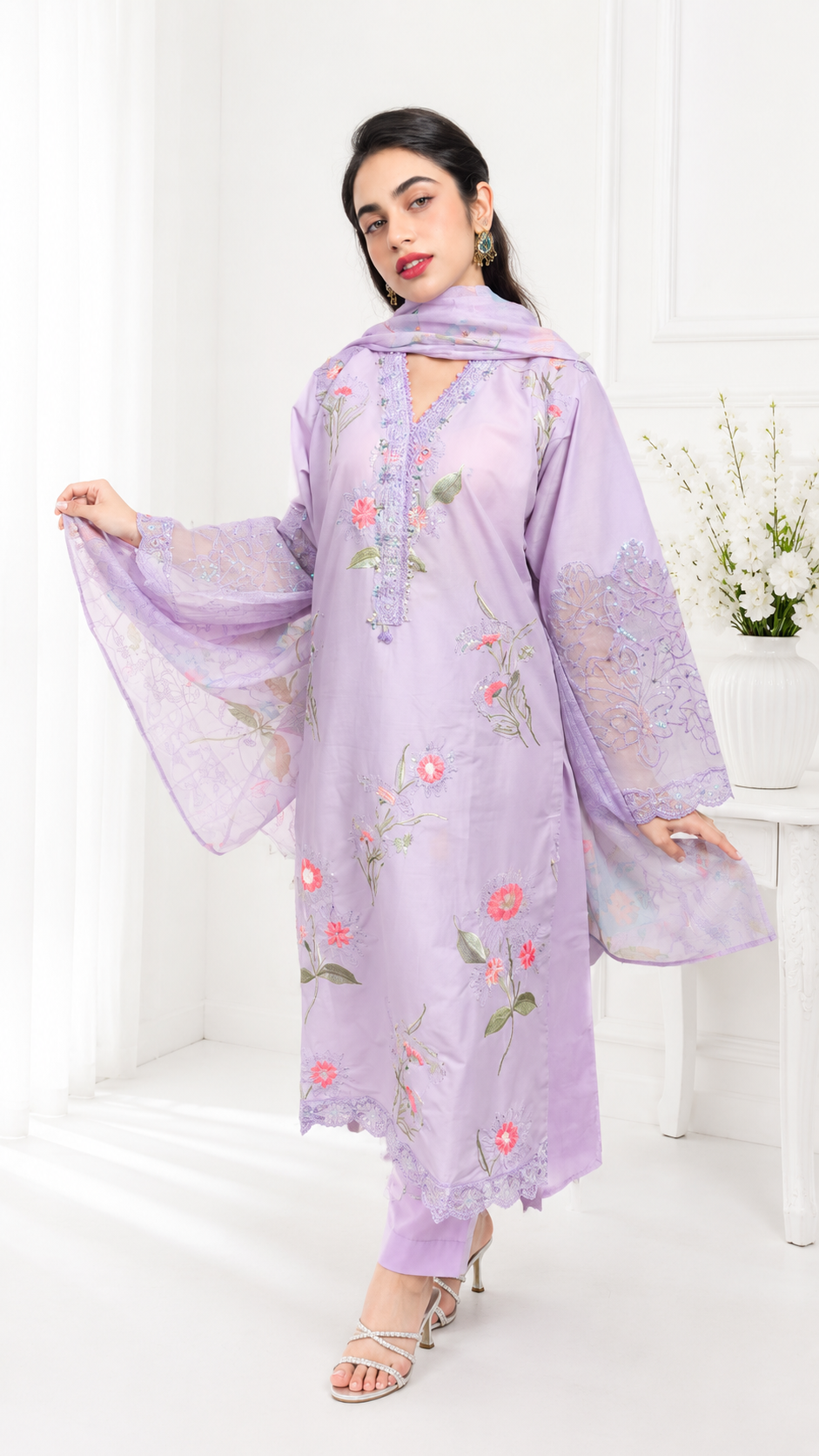Lavender Bloom Embroidered 3 Piece Suit | YASRAF CLOTHING