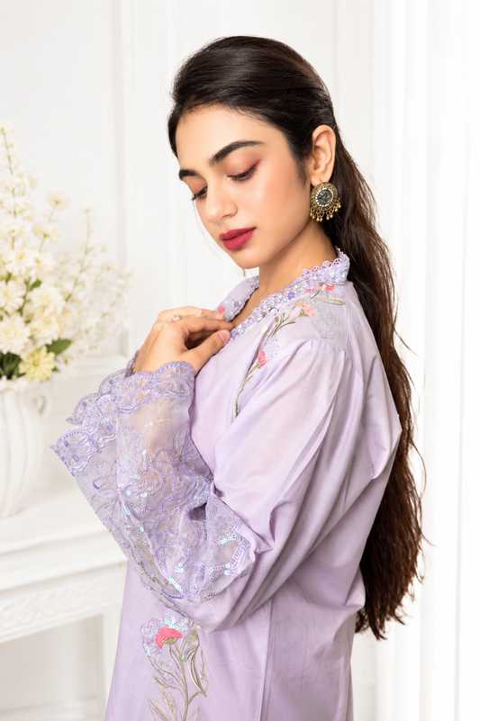 Lavender Bloom Embroidered 3 Piece Suit | YASRAF CLOTHING