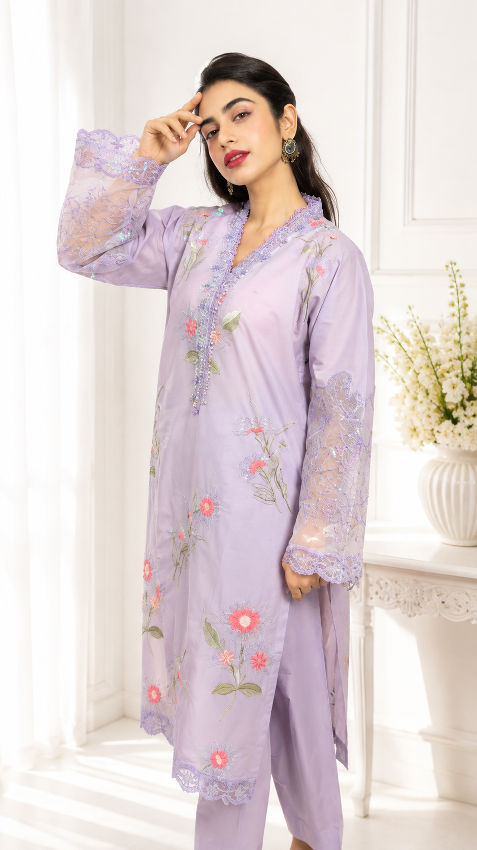 Lavender Bloom Embroidered 3 Piece Suit | YASRAF CLOTHING