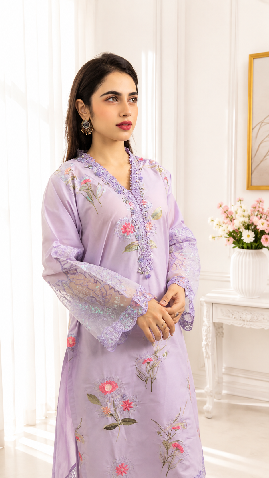 Lavender Bloom Embroidered 3 Piece Suit | YASRAF CLOTHING