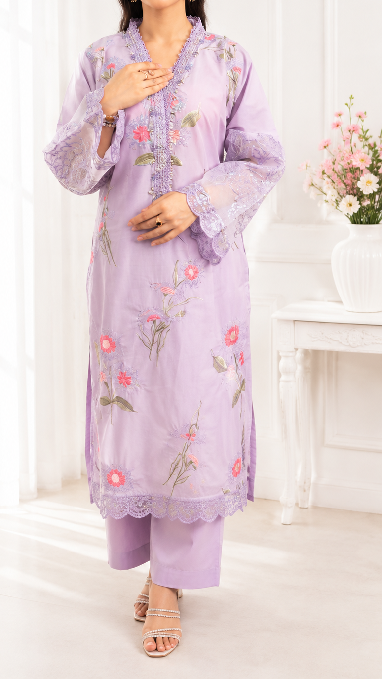 Lavender Bloom Embroidered 3 Piece Suit | YASRAF CLOTHING