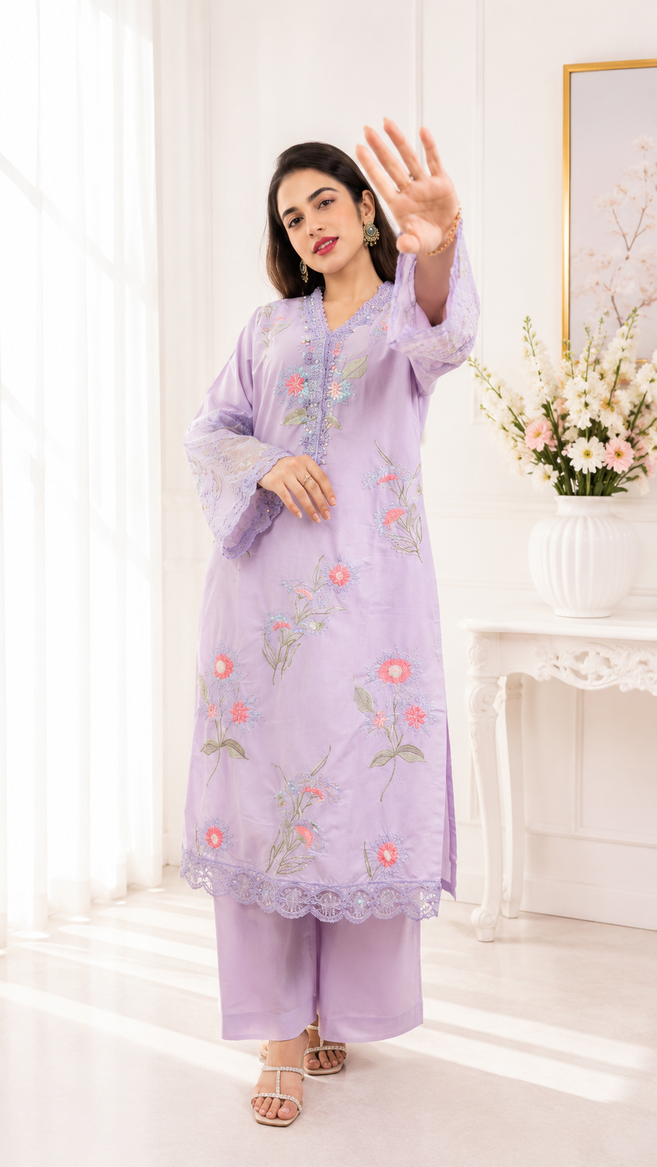 Lavender Bloom Embroidered 3 Piece Suit | YASRAF CLOTHING