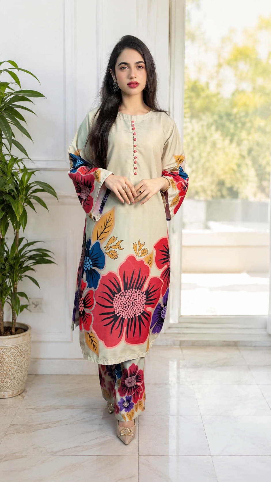Floral Printed Co-Ord Set – Beige