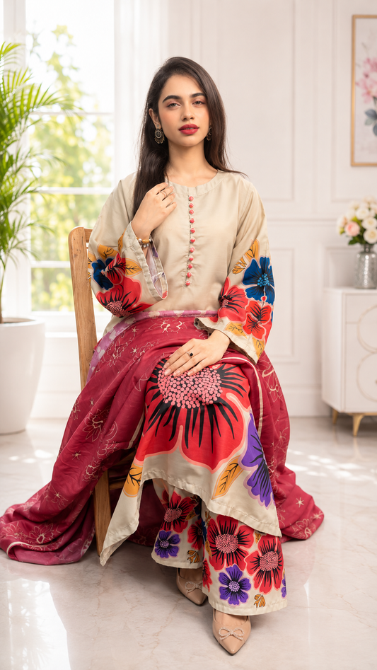Floral Printed Co-Ord Set – Beige