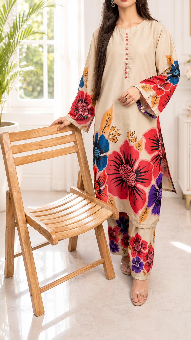 Floral Printed Co-Ord Set – Beige