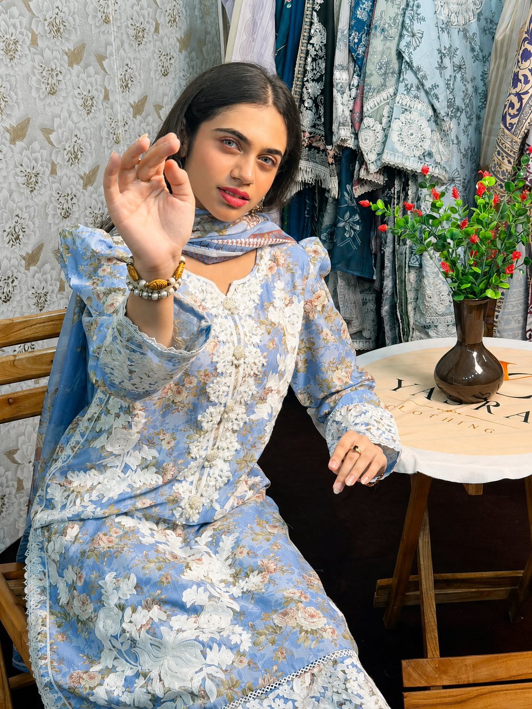 Sky Blue Floral Embroidered 3 Piece Lawn Suit