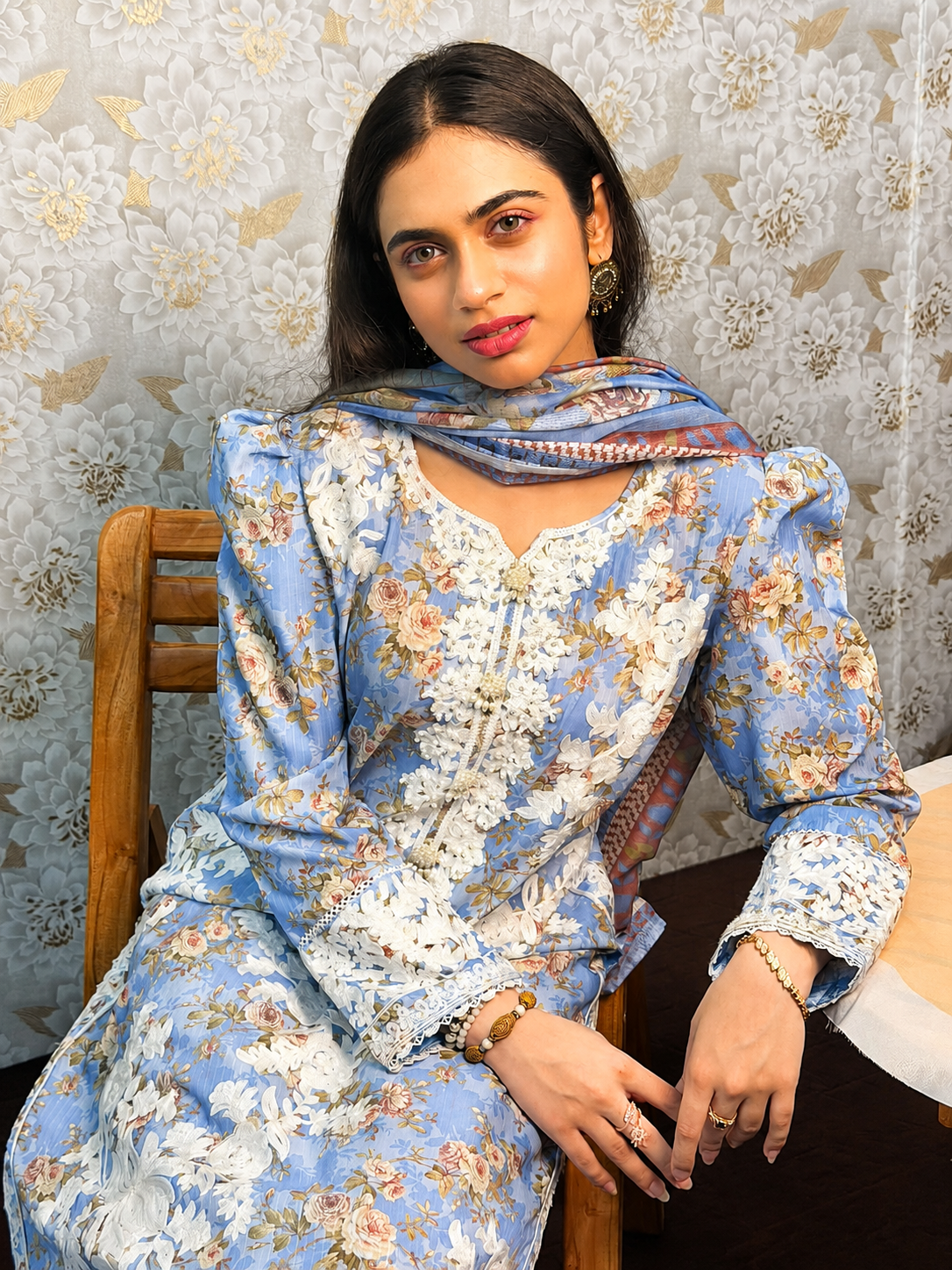 Sky Blue Floral Embroidered 3 Piece Lawn Suit