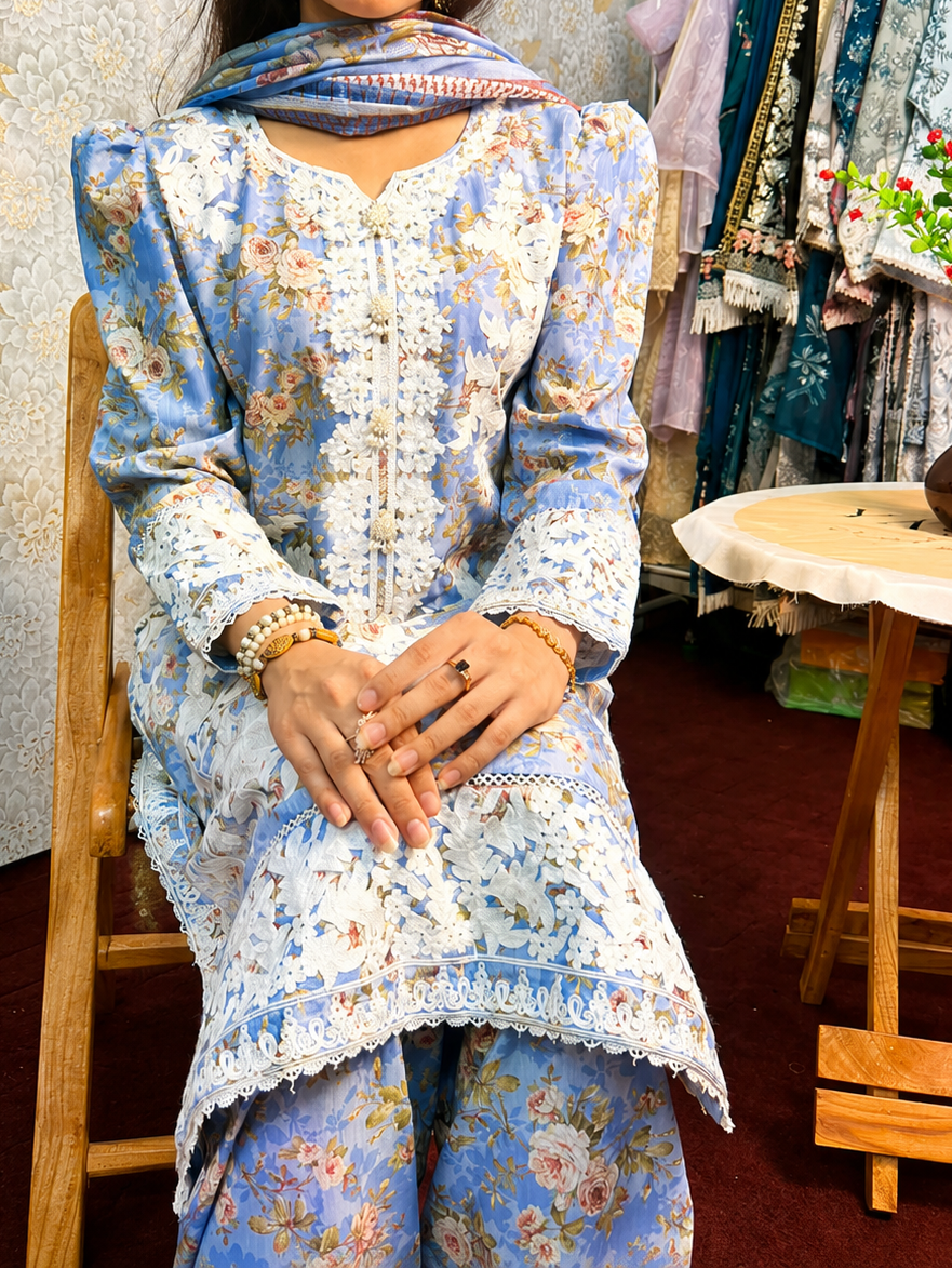 Sky Blue Floral Embroidered 3 Piece Lawn Suit
