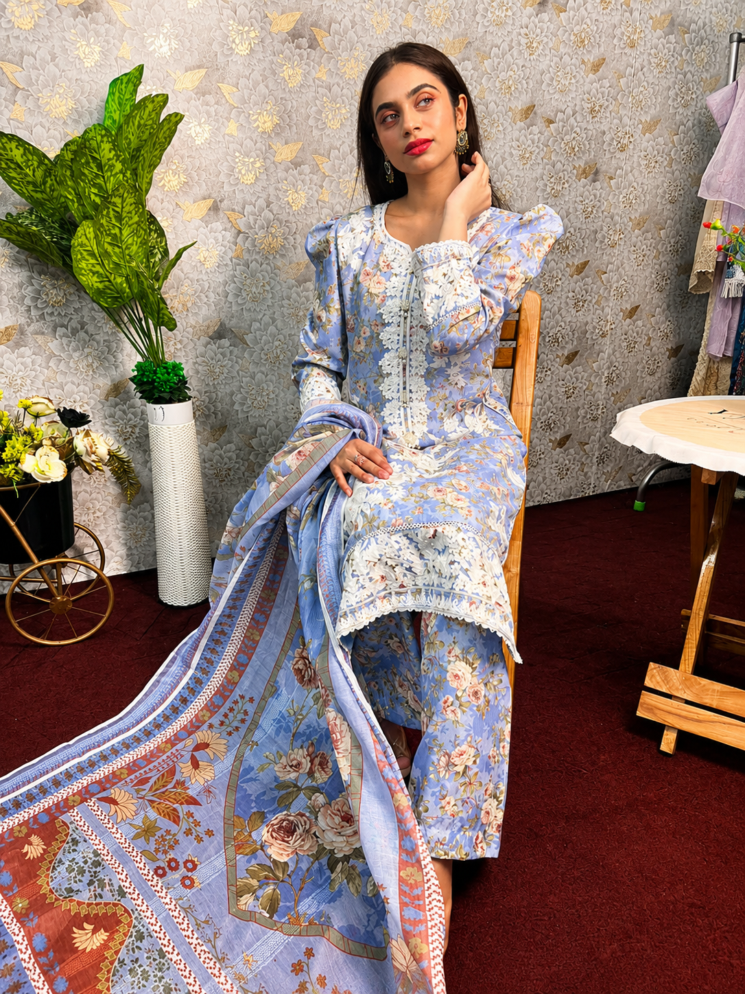 Sky Blue Floral Embroidered 3 Piece Lawn Suit