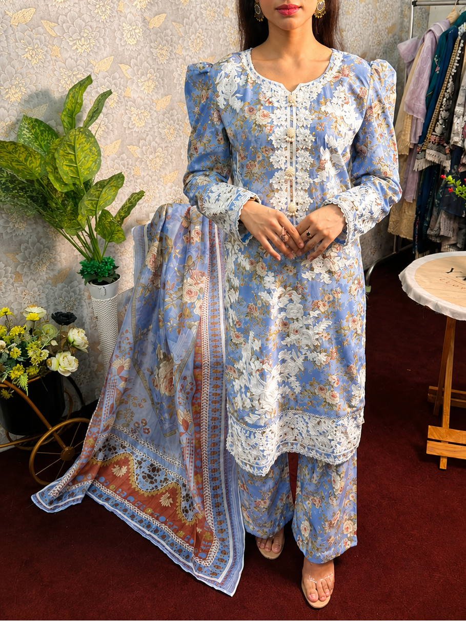 Sky Blue Floral Embroidered 3 Piece Lawn Suit