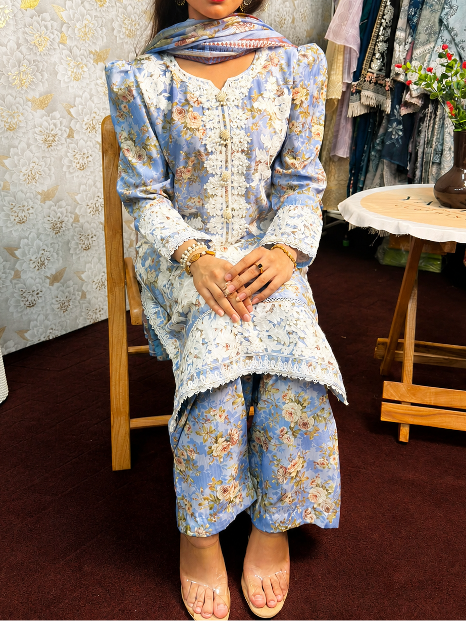 Sky Blue Floral Embroidered 3 Piece Lawn Suit