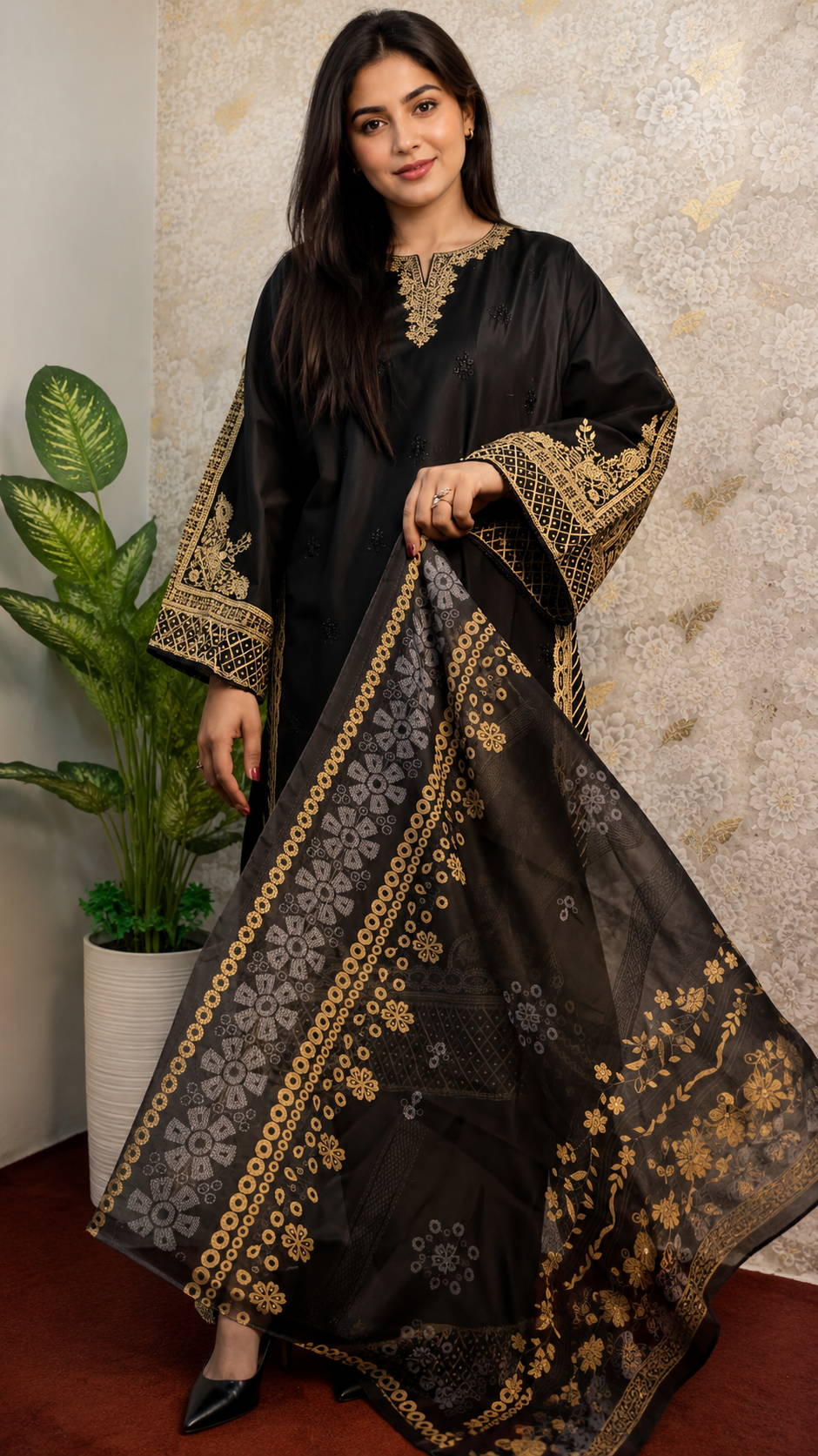 Black Luxury Embroidered 3-Piece Suit