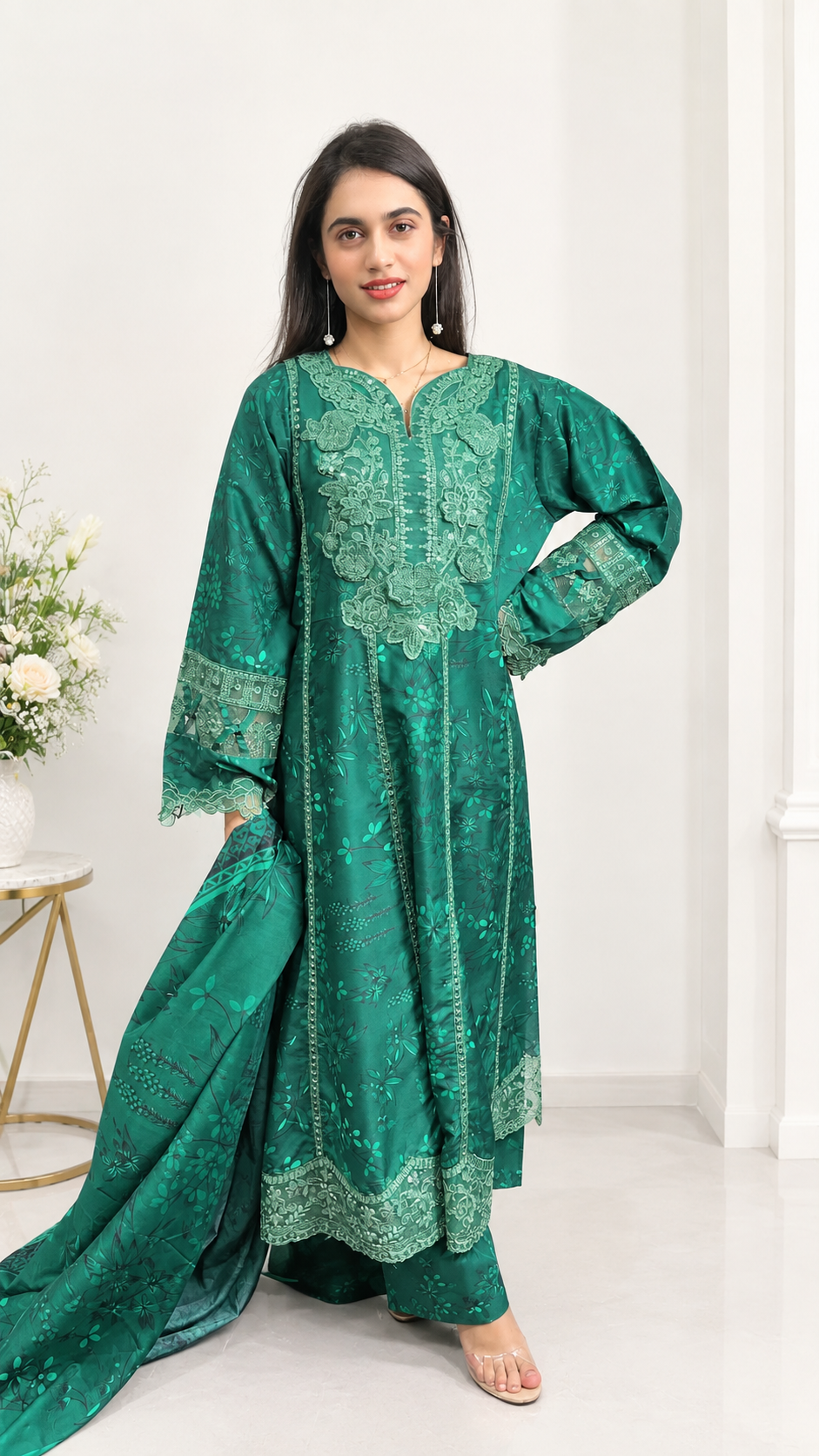 Emerald Green Embroidered 3-Piece Suit