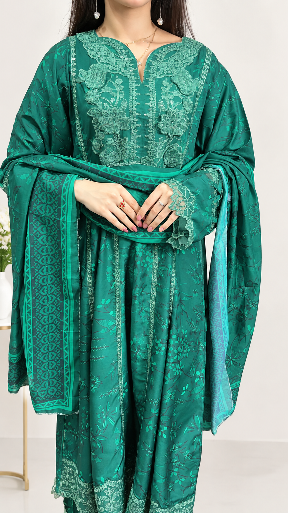 Emerald Green Embroidered 3-Piece Suit