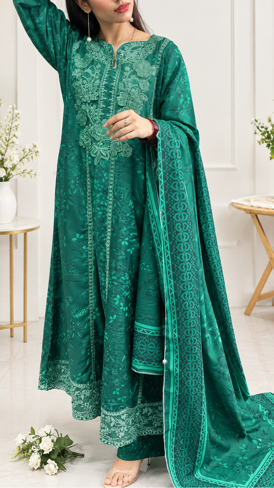 Emerald Green Embroidered 3-Piece Suit