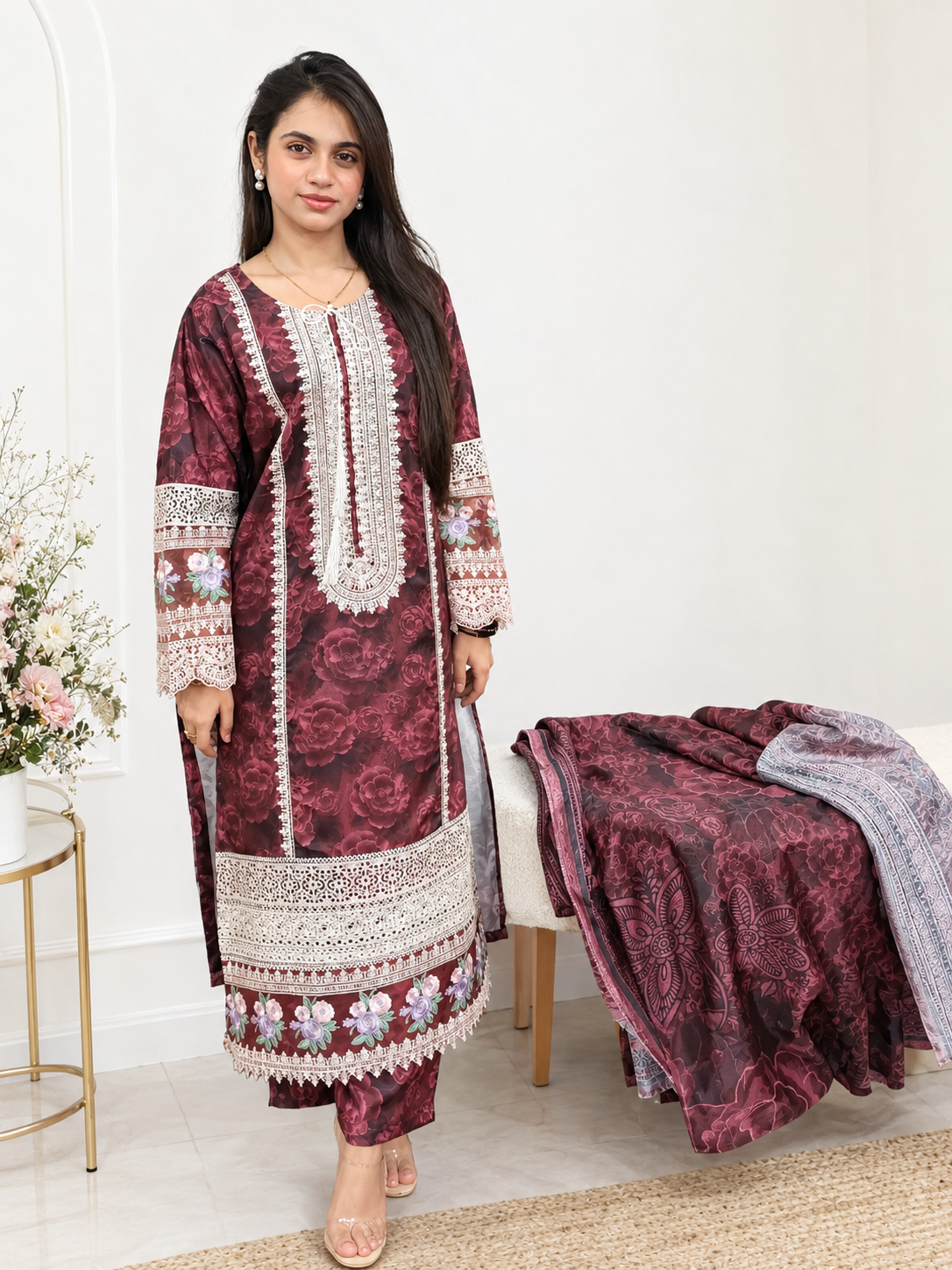 Maroon Floral Embroidered Winter 3-Piece Suit