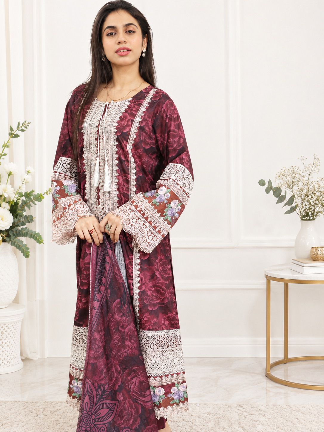 Maroon Floral Embroidered Winter 3-Piece Suit