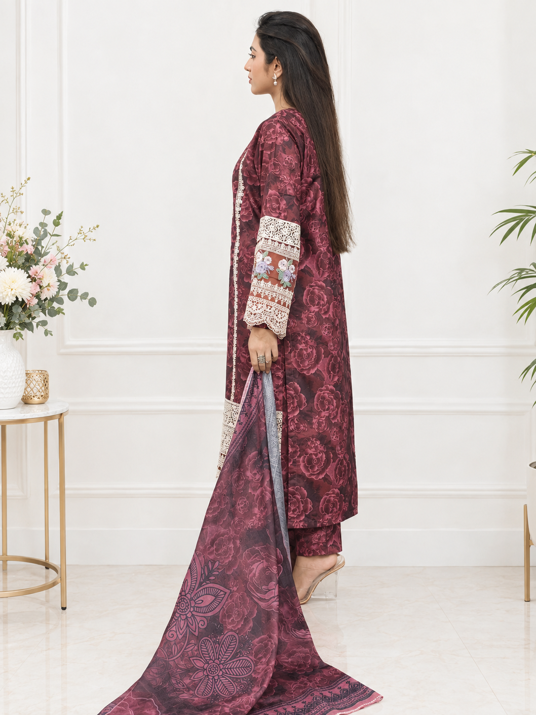 Maroon Floral Embroidered Winter 3-Piece Suit